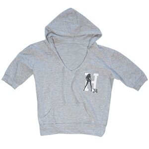 Vintage Y2K Hustler Gray V Neck Hoodie Short Sleeve Cropped Top